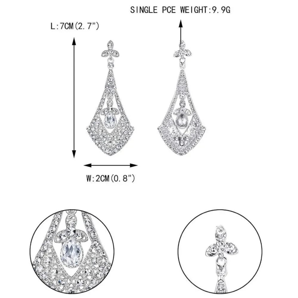 Silver with White Diamond Crystal Art Deco Rhombus Chandelier Post Back Earrings